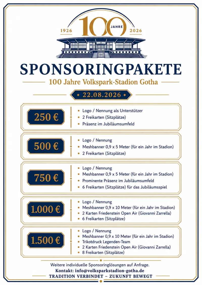 Sponsoringpakete 100 Jahre Volkspark-Stadion Gotha
